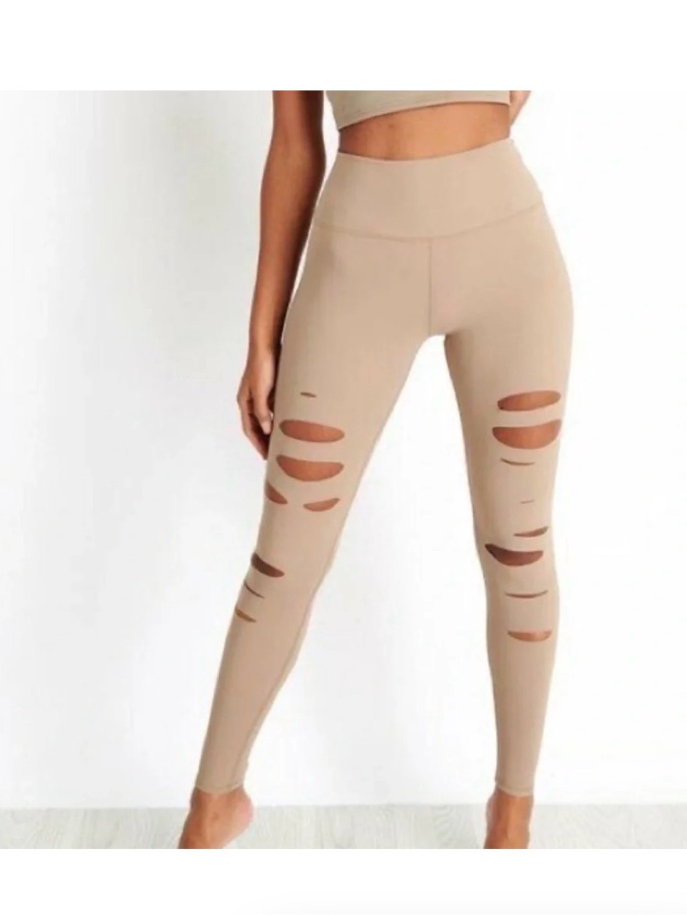 ALO Yoga High-Rise Distressed Leggings in Taupe